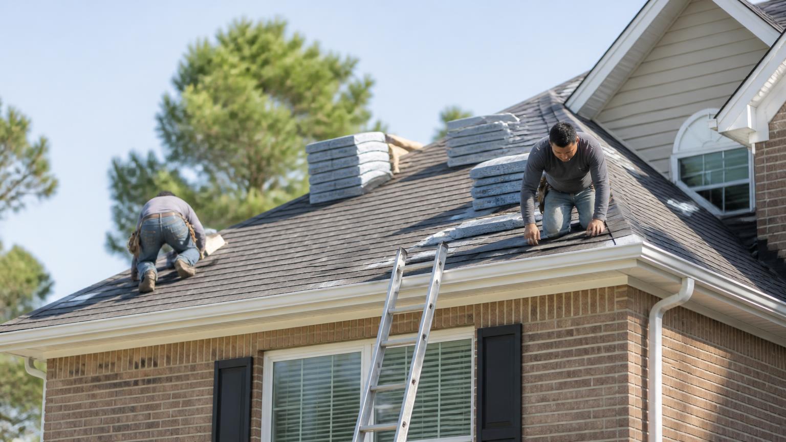 Roofing crew installing shingles on a suburban home in daylight